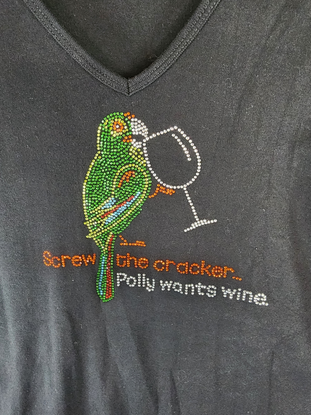V-Neck Black Rhinestone Parrot Tee - 'Polly Wants Wine'